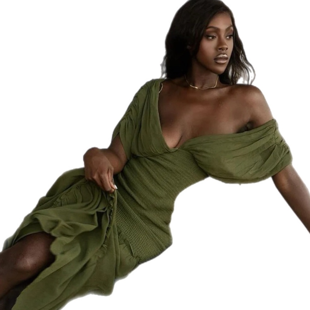 Sienna Chiffon Maxi Dress | Elegant Olive Green Off-Shoulder Dress